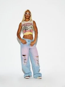 SUMWON WOMEN Atasan Tank Top Crop Tanpa Lengan Leher Bulat dengan Motif Grafis Telapak Tangan dan Irama, Gaya Festival Musim Panas - MultiWarna - View 2