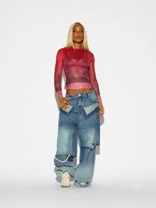 SUMWON WOMEN Sheer Mesh Crop Top Long Sleeve Crew Neck Abstract Photographic AOP Print Semi-Transparent Fitted Layer Party Night Out Spring Summer Festival - Red - View 2