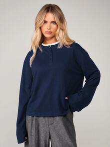 MISSGUIDED Long Sleeve Henley Top With Contrast Collar Detail Relaxed Oversized Fit Button Placket Casual Everyday Essential Autumn Winter - Navy Blue - View 1