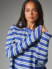 MISSGUIDED Oversized Striped Long Sleeve Crew Neck Top With Back Logo Print Six Athleisure Longline Relaxed Fit Casual Tee - Blue and White - View 4