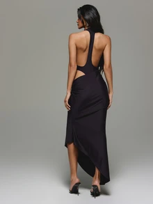 KIZN Halter Neck Cut-Out Dress With Ruched Detail And Asymmetric Hem Party Evening Occasion Holiday Season Style - Brown - View 6