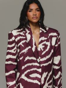 KIZN Oversized Satin Blazer With Abstract Animal Print Lapel Collar Single Button Closure Hip Length Tailored Jacket Fall Winter Party Evening - Red - View 2