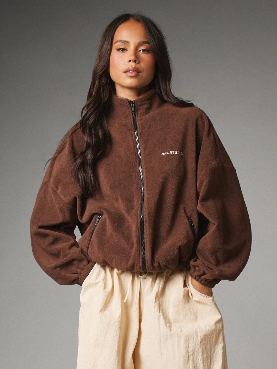 MISSGUIDED GRL Oversized Full-Zip Fleece Sweatshirt With Side Pockets Cropped Hem Cozy Winter Casual Jacket - Coffee Brown - View 1