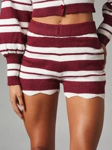 MISSGUIDED Striped Knit Co-Ord Set Crop Button Cardigan And High Rise Scalloped Hem Mini Shorts Autumn Winter Holiday Loungewear - Multicolor - View 2