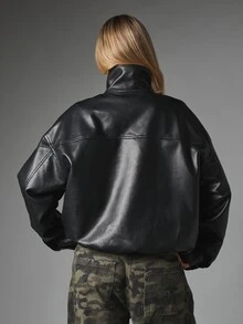 MISSGUIDED Oversized Cropped Faux Leather Jacket With Stand Collar And Full Zip Closure Fall Winter Street Style Outerwear - Black - View 2