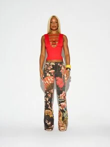 SUMWON WOMEN Japanese Floral Print Low Rise Flared Jeans With Cherry Blossom Fan And Geisha AOP Dark Wash Denim Bell Bottom Festival Pants - Multicolor - View 4