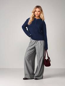MISSGUIDED Long Sleeve Henley Top With Contrast Collar Detail Relaxed Oversized Fit Button Placket Casual Everyday Essential Autumn Winter - Navy Blue - View 3