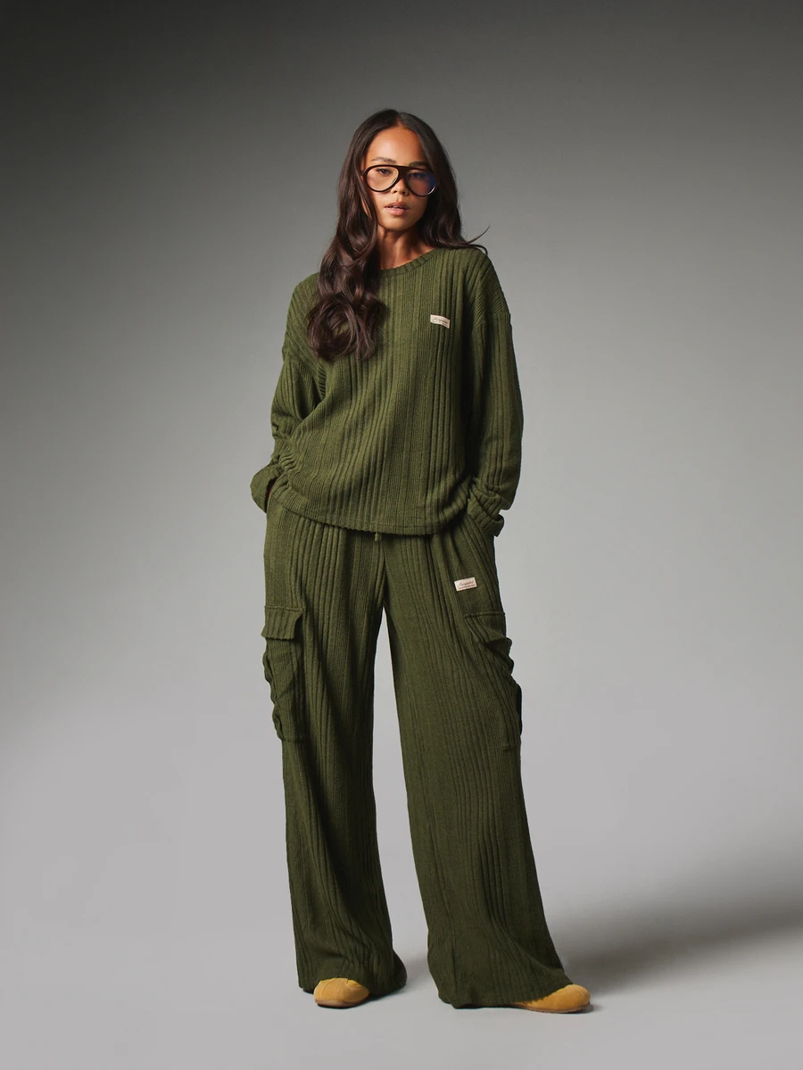 MISSGUIDED Misguided Athleisure Ribbed Knit Co-Ord Set Oversized Crew Neck Sweater And Wide Leg Cargo Pants Autumn Winter Lounge Two Pieces - Army Green - View 1