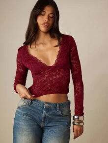 MISSGUIDED Long Sleeve Lace Crop Top With Deep V Neck And Scallop Trim Sheer Floral Lace Design For Date Night And Holiday Occasions - Burgundy - View 3