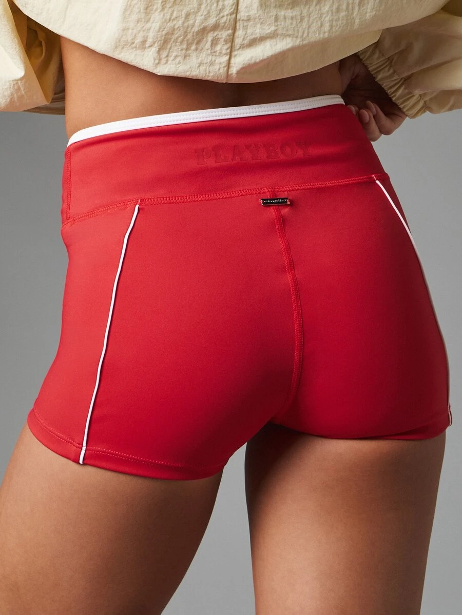 Missguided x Playboy High Rise Hot Pants Mini Shorts With White Contrast Piping Side Pockets And Logo Waistband Retro Style - Red - View 1