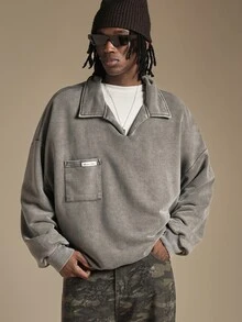 SUMWON Oversized Washed Collared Sweatshirt With Chest Patch Pocket And Long Sleeves Vintage Pullover Top - Grey - View 1