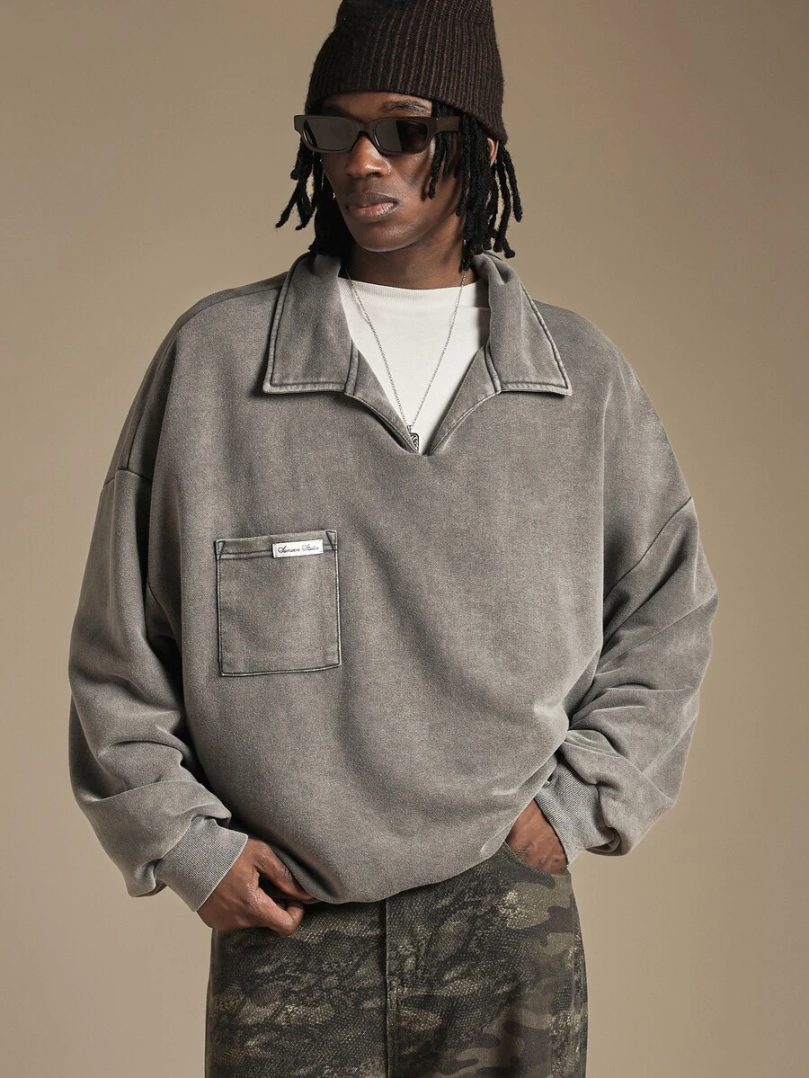SUMWON Oversized Washed Collared Sweatshirt With Chest Patch Pocket And Long Sleeves Vintage Pullover Top - Grey - View 1