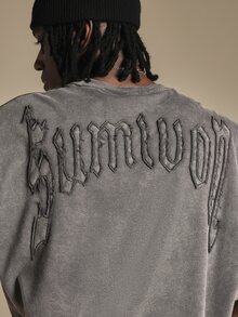 SUMWON Oversized Washed Crew Neck Short Sleeve T-Shirt With Gothic Embroidered Logo Back Print Streetwear Drop Shoulder Tee - Black - View 5