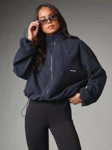 MISSGUIDED Oversized Full-Zip Fleece Jacket Cropped With Chest Pocket And Drawstring Hem Autumn Winter - Navy Blue - View 1