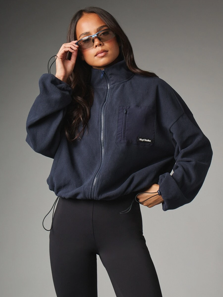 MISSGUIDED Oversized Full-Zip Fleece Jacket Cropped With Chest Pocket And Drawstring Hem Autumn Winter - Navy Blue - View 1
