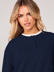 MISSGUIDED Long Sleeve Henley Top With Contrast Collar Detail Relaxed Oversized Fit Button Placket Casual Everyday Essential Autumn Winter - Navy Blue - View 4