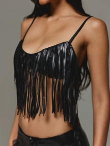 KIZN Atasan Cami Crop Berumbai Kulit Imitasi, Leher Bulat, Tali Bahu Tipis, Gaya Bralette Festival Musim Panas Boho - Hitam - View 4