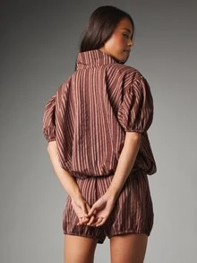 MISSGUIDED Oversized Half-Zip Striped Puff Sleeve Top With Stand Collar And Elasticated Cuffs Summer Festival Style - Multicolor - View 3