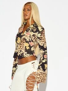 SUMWON WOMEN Kemeja Crop Berkerah Kancing Depan dengan Motif Campuran Bunga Leopard dan Lengan Lonceng Ekstra Panjang, Atasan Musim Panas untuk Festival - Hitam - View 3