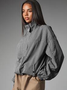 MISSGUIDED Oversized Checked Shirt With High Neck Balloon Sleeves Cropped Length Plaid Woven Top Fall Winter Casual Chic Style - Black and White - View 5