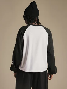 SUMWON 1996 East Coast Raglan Long Sleeve Tee With Old English Gothic Text Chest And Sleeve Print Oversized Fit - Black and White - View 3