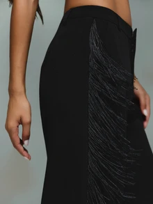 KIZN Wide Leg Fringe Trim High Rise Dress Pants Elegant Side Fringe Detail Full Length Tailored Trousers Party Evening Occasion - Black - View 2