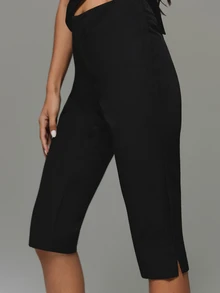 KIZN High Rise Cropped Dress Pants With Side Split Hem Tailored Straight Leg Capri Trousers For Spring Summer Evening Occasions - Black - View 2