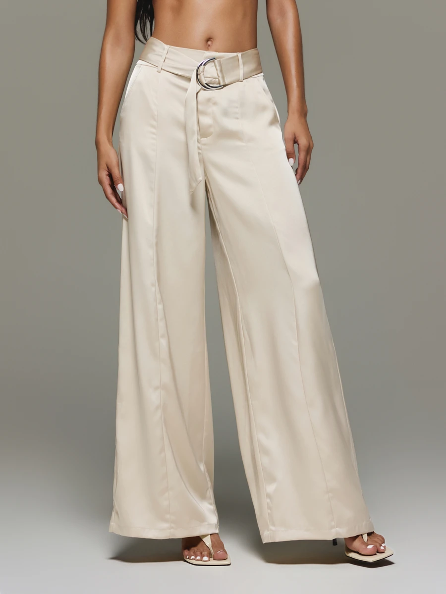 KIZN Satin Wide Leg Dress Pants High Rise Belted Tailored Full Length Palazzo Trousers Formal Evening Spring Summer - Apricot - View 1
