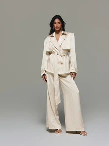 KIZN Satin Wide Leg Dress Pants High Rise Belted Tailored Full Length Palazzo Trousers Formal Evening Spring Summer - Apricot - View 3