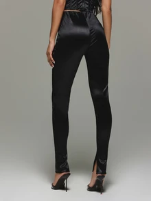 KIZN High Rise Satin Finish Skinny Leggings With Front Split Hem Ankle Detail Sleek Stretchy Full Length Party Night Out Trousers - Black - View 5