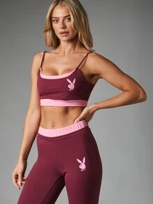 Missguided x Playboy Atasan Bralette Crop dengan Logo Kelinci, Leher Bulat, Pita Kontras Warna Pink, Tali Bahu Tipis, Gaya Pakaian Olahraga Pas Badan - Burgundy - View 5