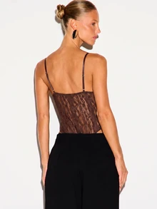 KIZN Sheer Lace Corset Bodysuit With Deep V-Neck, Adjustable Straps And Boning Detail For Night Out And Holiday Parties - Chocolate Brown - View 3