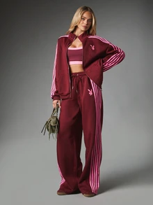 Missguided x Playboy Bunny Logo Wide Leg Jogger Pants With Pink Vertical Side Stripes Drawstring Waist Casual Full Length Tracksuit Bottoms - Burgundy - View 3