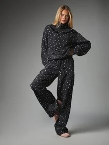 Polka Dot Half-Zip Pullover Top With Centre Pocket Oversized Long Sleeve Woven Anorak Style Sweatshirt Spring Casual - Black and White - View 3