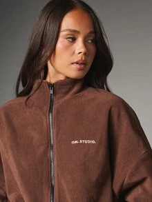 MISSGUIDED GRL Oversized Full-Zip Fleece Sweatshirt With Side Pockets Cropped Hem Cozy Winter Casual Jacket - Coffee Brown - View 2
