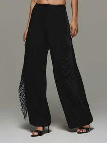 KIZN Wide Leg Fringe Trim High Rise Dress Pants Elegant Side Fringe Detail Full Length Tailored Trousers Party Evening Occasion - Black - View 1