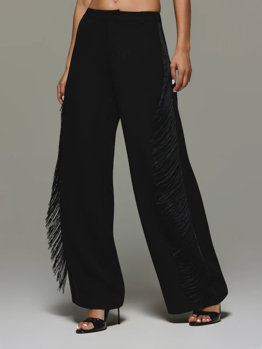 KIZN Wide Leg Fringe Trim High Rise Dress Pants Elegant Side Fringe Detail Full Length Tailored Trousers Party Evening Occasion - Black - View 1