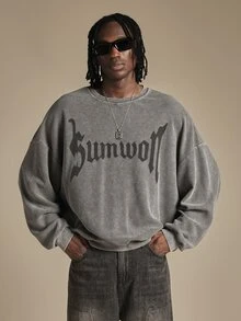 SUMWON Oversized Waffle Knit Sweatshirt With Gothic Text Logo Print Crew Neck Long Sleeve Vintage Washed Pullover Top - Grey - View 1