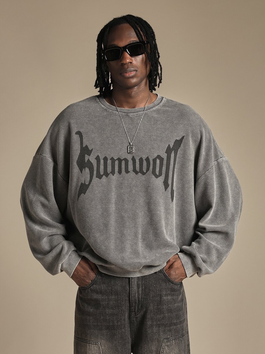 SUMWON Oversized Waffle Knit Sweatshirt With Gothic Text Logo Print Crew Neck Long Sleeve Vintage Washed Pullover Top - Grey - View 1