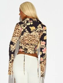 SUMWON WOMEN Kemeja Crop Berkerah Kancing Depan dengan Motif Campuran Bunga Leopard dan Lengan Lonceng Ekstra Panjang, Atasan Musim Panas untuk Festival - Hitam - View 5