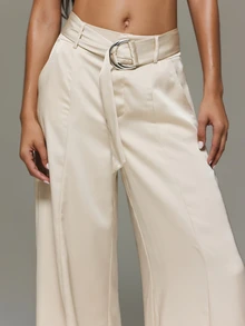 KIZN Satin Wide Leg Dress Pants High Rise Belted Tailored Full Length Palazzo Trousers Formal Evening Spring Summer - Apricot - View 2