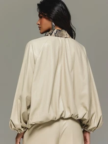 KIZN Faux Leather Oversized Bomber Jacket With Snake Print Lapel Collar Full Zip Closure Balloon Sleeves Elasticated Hem Fall Winter Outerwear - Khaki - View 6