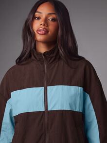 MISSGUIDED Color Block Zip-Up Track Jacket With Mock Neck Elasticated Cuffs And Relaxed Oversized Fit For Autumn Winter - Chocolate Brown - View 2