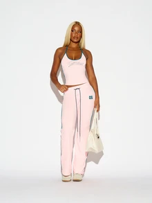SUMWON WOMEN High Rise Flared Track Pants With Teal Contrast Piping And Drawstring Waist Numeric Graphic Detail Casual Full Length Bottoms - Pink - View 2