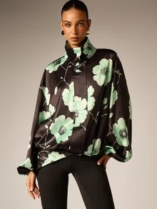 AiiRZ Blus Satin Bermotif Bunga Ukuran Besar dengan Kerah Tegak, Lengan Balon, dan Hem Melengkung Asimetris, Atasan Pesta Musim Semi - MultiWarna - View 1