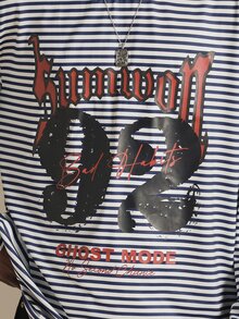 SUMWON Ghost Mode Graphic Long Sleeve Striped Crew Neck Oversized Longline Tee With Front Print - Black and White - View 6
