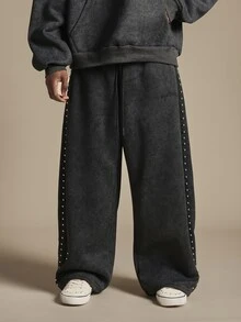 SUMWON Washed Wide Leg Sweatpants With Side Metal Stud Detail And Embroidered Logo Perfect For Casual Everyday Wear - Black - View 3