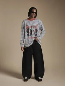 SUMWON Ghost Mode Graphic Long Sleeve Striped Crew Neck Oversized Longline Tee With Front Print - Black and White - View 3