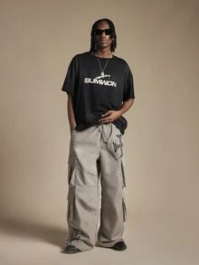 SUMWON Wide Leg Cargo Pants With Multi Flap Pockets Drawstring Waist Logo Print Full Length Streetwear Trousers - Dark Grey - View 2
