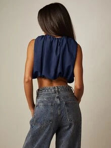 MISSGUIDED Ruched Neckline Sleeveless Crop Top With Bubble Hem And Gathered Detail - Summer Festival Night Out Cropped Blouse - Navy Blue - View 2